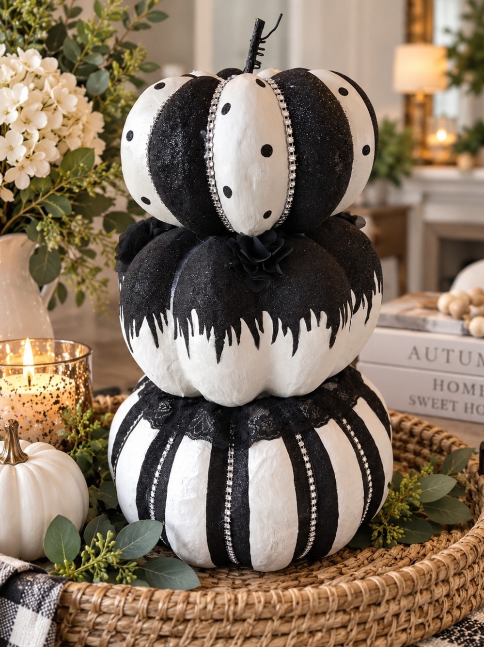NEW Black & White Rhinestone Studded Stacked Decorative Pumpkins